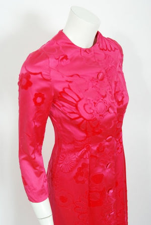 1970 Mainbocher Couture Pink Flocked Silk Hourglass Mermaid Dress