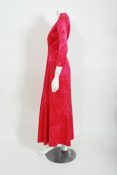 1970 Mainbocher Couture Pink Flocked Silk Hourglass Mermaid Dress
