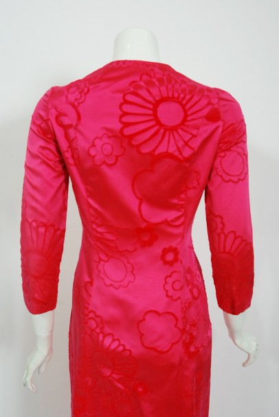 1970 Mainbocher Couture Pink Flocked Silk Hourglass Mermaid Dress