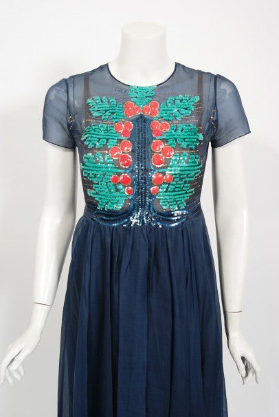 1975 Madame Grès Haute Couture Beaded Holly Berry Motif Silk Gown