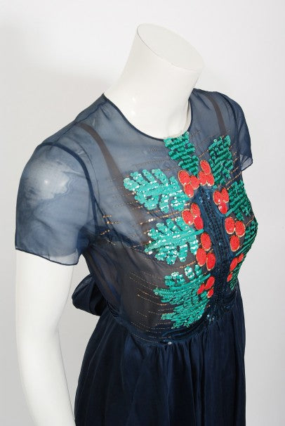 1975 Madame Grès Haute Couture Beaded Holly Berry Motif Silk Gown