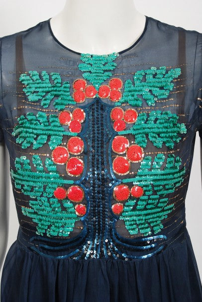1975 Madame Grès Haute Couture Beaded Holly Berry Motif Silk Gown