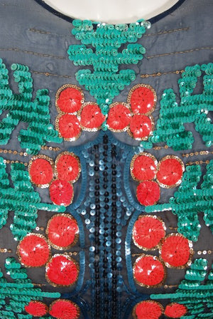 1975 Madame Grès Haute Couture Beaded Holly Berry Motif Silk Gown