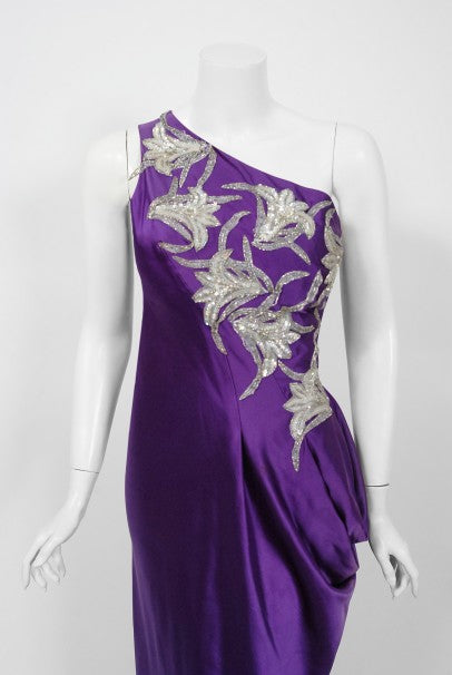 1970's Stavropoulos Couture Purple Silk One-Shoulder Sculpted Gown