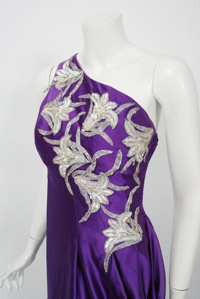 1970's Stavropoulos Couture Purple Silk One-Shoulder Sculpted Gown