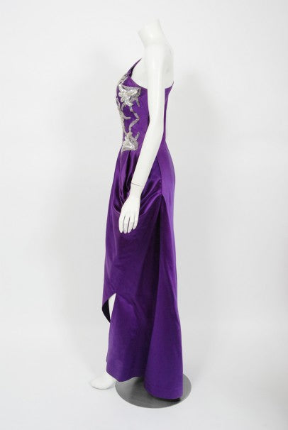 1970's Stavropoulos Couture Purple Silk One-Shoulder Sculpted Gown