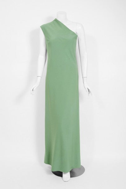 1960s Pauline Trigere Seafoam Green Crepe One-Shoulder Bias Cut Gown / Fur Wrap