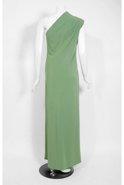 1960s Pauline Trigere Seafoam Green Crepe One-Shoulder Bias Cut Gown / Fur Wrap