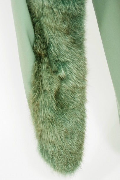 1960s Pauline Trigere Seafoam Green Crepe One-Shoulder Bias Cut Gown / Fur Wrap