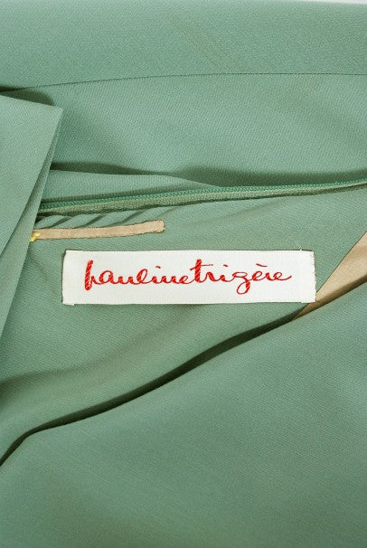 1960s Pauline Trigere Seafoam Green Crepe One-Shoulder Bias Cut Gown / Fur Wrap