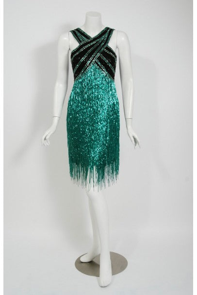 1979 Bob Mackie Teal-Green & Black Beaded Fringe Backless Cocktail Dress