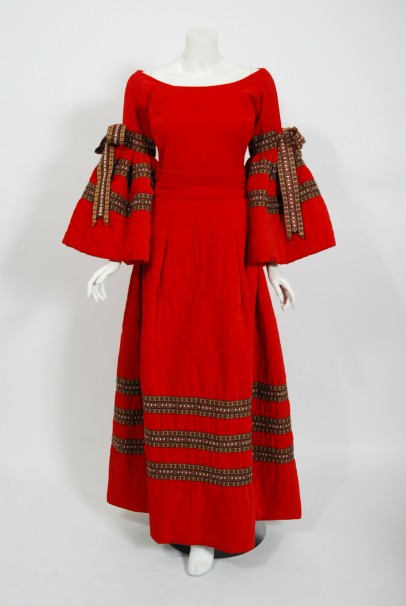 1970 Adolfo Couture Red Embroidered Velvet Bell-Sleeve Blouse &amp; Maxi Skirt Set