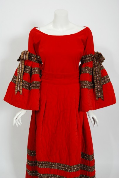1970 Adolfo Couture Red Embroidered Velvet Bell-Sleeve Blouse &amp; Maxi Skirt Set