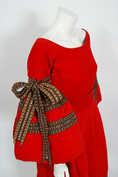 1970 Adolfo Couture Red Embroidered Velvet Bell-Sleeve Blouse &amp; Maxi Skirt Set