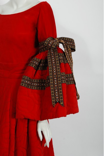 1970 Adolfo Couture Red Embroidered Velvet Bell-Sleeve Blouse &amp; Maxi Skirt Set