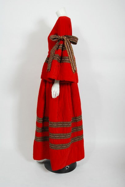 1970 Adolfo Couture Red Embroidered Velvet Bell-Sleeve Blouse &amp; Maxi Skirt Set