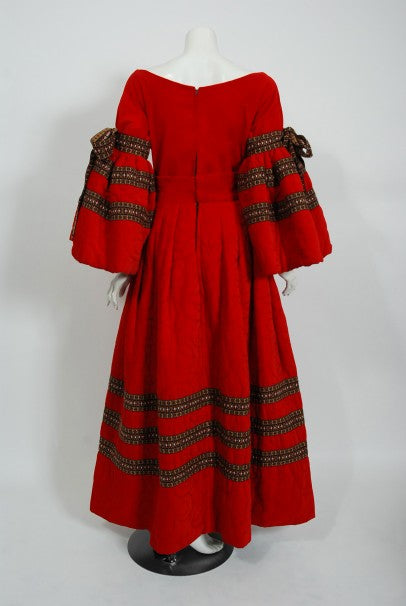1970 Adolfo Couture Red Embroidered Velvet Bell-Sleeve Blouse &amp; Maxi Skirt Set