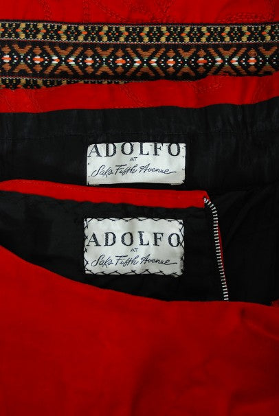 1970 Adolfo Couture Red Embroidered Velvet Bell-Sleeve Blouse &amp; Maxi Skirt Set