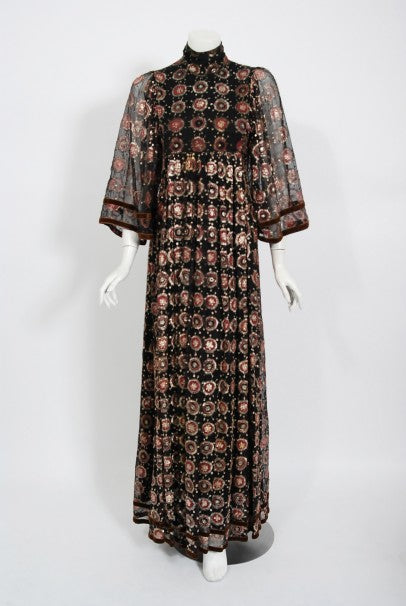 1970 Thea Porter Couture Metallic Embroidered Silk Chiffon Flutter-Sleeve Dress