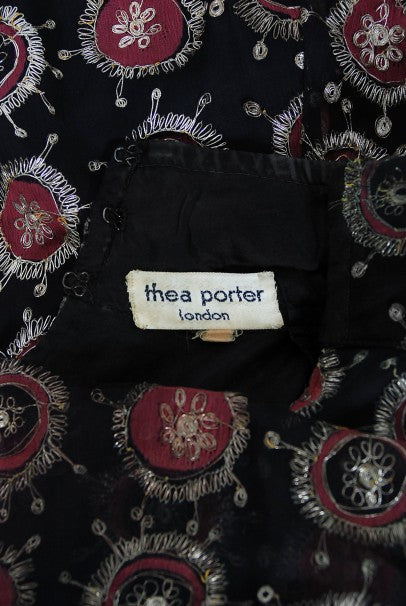 1970 Thea Porter Couture Metallic Embroidered Silk Chiffon Flutter-Sleeve Dress