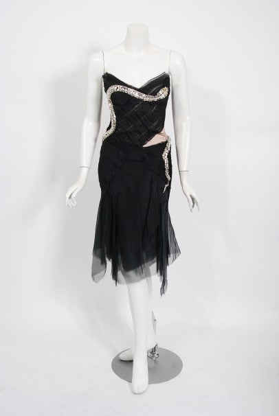 2004 Gucci by Tom Ford Runway Black Silk Crystal-Snake Strapless Dress