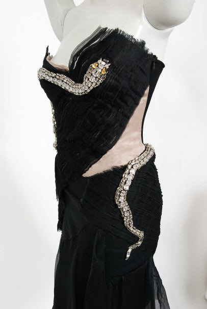 2004 Gucci by Tom Ford Runway Black Silk Crystal-Snake Strapless Dress