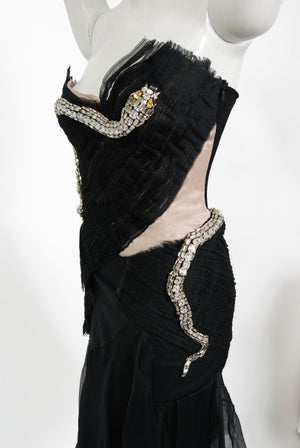 2004 Gucci by Tom Ford Runway Black Silk Crystal-Snake Strapless Finale Dress