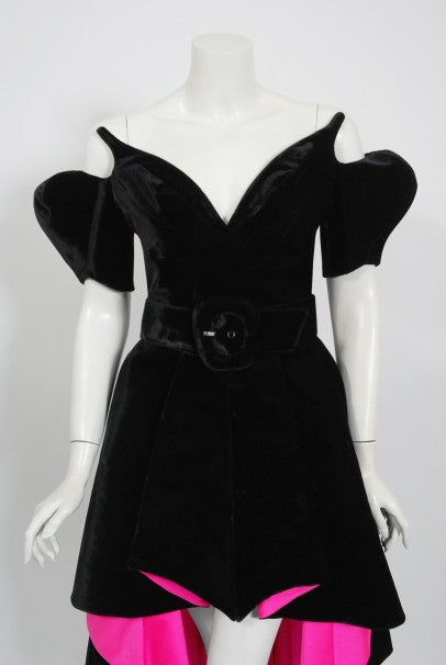 1991 Thierry Mugler Runway Black Velvet Fuchsia-Pink Silk Sculpted High Low Gown