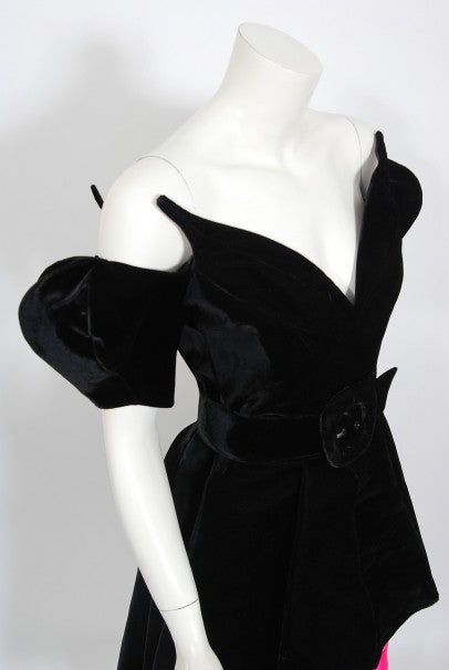 1991 Thierry Mugler Runway Black Velvet Fuchsia-Pink Silk Sculpted High Low Gown