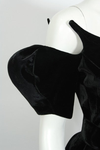 1991 Thierry Mugler Runway Black Velvet Fuchsia-Pink Silk Sculpted High Low Gown