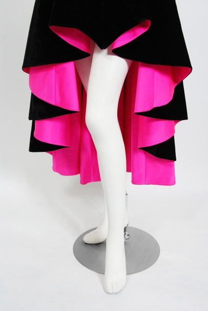 1991 Thierry Mugler Runway Black Velvet Fuchsia-Pink Silk Sculpted High Low Gown