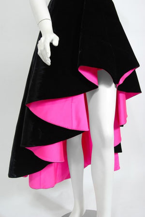 1991 Thierry Mugler Runway Black Velvet Fuchsia-Pink Silk Sculpted High Low Gown