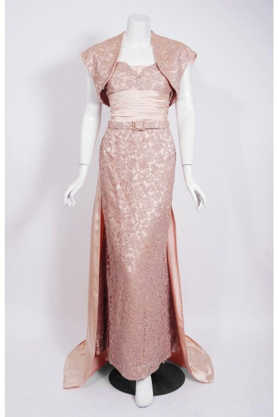 1952 Pierre Balmain Couture Pale-Pink Silk Lace Strapless