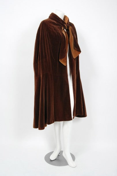1930 Chanel Haute Couture Brown &amp; Caramel Velvet Scarf-Neck Sculpted Deco Cape