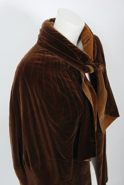 1930 Chanel Haute Couture Brown &amp; Caramel Velvet Scarf-Neck Sculpted Deco Cape