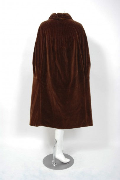 1930 Chanel Haute Couture Brown &amp; Caramel Velvet Scarf-Neck Sculpted Deco Cape
