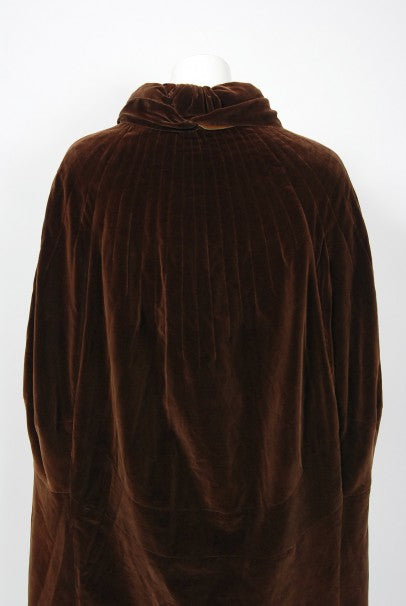 1930 Chanel Haute Couture Brown &amp; Caramel Velvet Scarf-Neck Sculpted Deco Cape