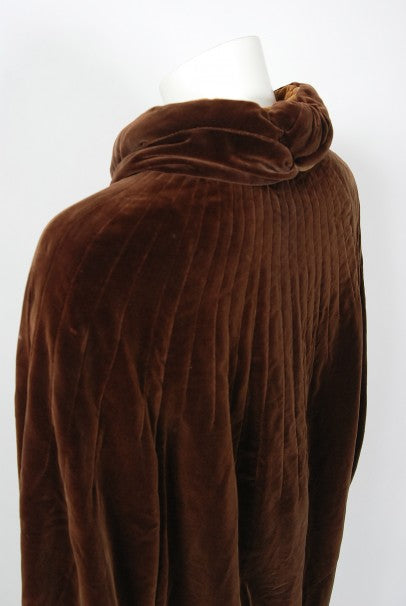 1930 Chanel Haute Couture Brown &amp; Caramel Velvet Scarf-Neck Sculpted Deco Cape