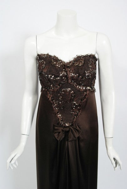 1990 Yves Saint Laurent Haute Couture Chocolate-Brown Silk & Lace Strapless Gown