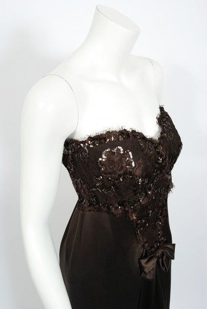 1990 Yves Saint Laurent Haute Couture Chocolate-Brown Silk & Lace Strapless Gown
