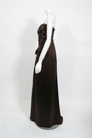 1990 Yves Saint Laurent Haute Couture Chocolate-Brown Silk & Lace Strapless Gown