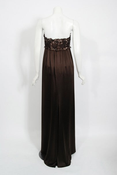 1990 Yves Saint Laurent Haute Couture Chocolate-Brown Silk & Lace Strapless Gown