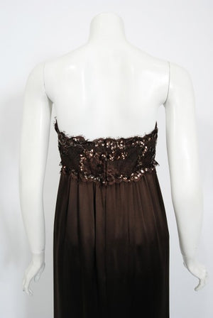 1990 Yves Saint Laurent Haute Couture Chocolate-Brown Silk & Lace Strapless Gown