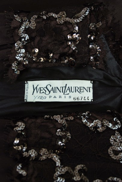 1990 Yves Saint Laurent Haute Couture Chocolate-Brown Silk & Lace Strapless Gown