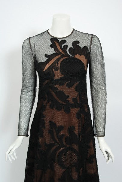 1998 Pierre Balmain Haute Couture Sheer Illusion Applique Black Tulle Lace Gown