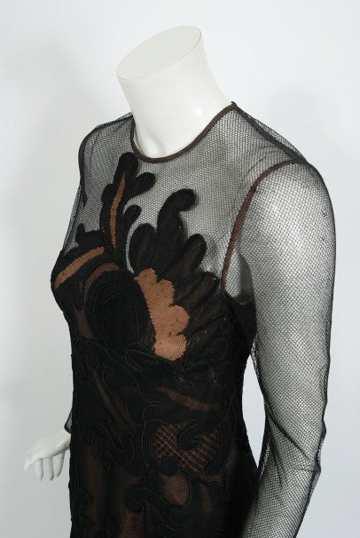 1998 Pierre Balmain Haute Couture Sheer Illusion Applique Black Tulle Lace Gown 1998 Pierre Balmain Haute Couture Sheer Illusion Applique Black Tulle Lace Gown