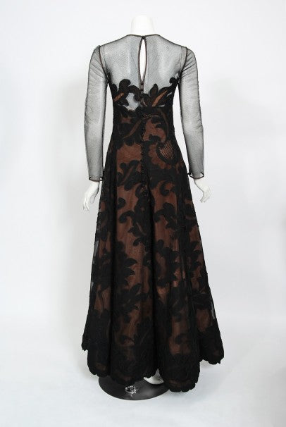 1998 Pierre Balmain Haute Couture Sheer Illusion Applique Black Tulle Lace Gown