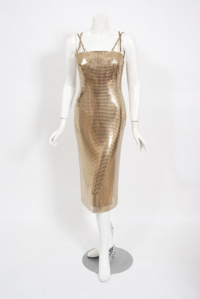 slim fit dress slacks 1998 Gianni Versace Couture Documented Runway Gold Metal Mesh Hourglas