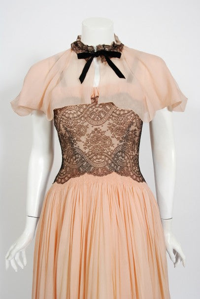 1940&#39;s French Couture Pink Silk-Chiffon &amp; Black Lace Scalloped Gown &amp; Capelet