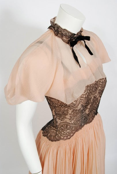 1940&#39;s French Couture Pink Silk-Chiffon &amp; Black Lace Scalloped Gown &amp; Capelet